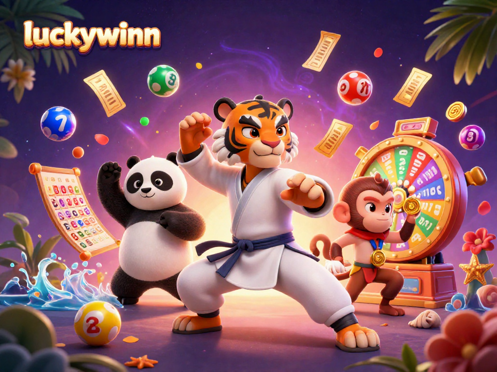 Engage in thrilling games at luckywinn with vibrant lottery balls and animated characters.