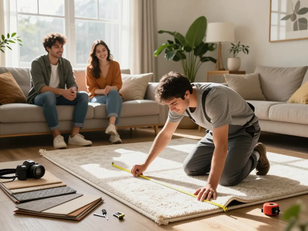Residential carpet installation in a stylish living room with professional installer measuring carpet.