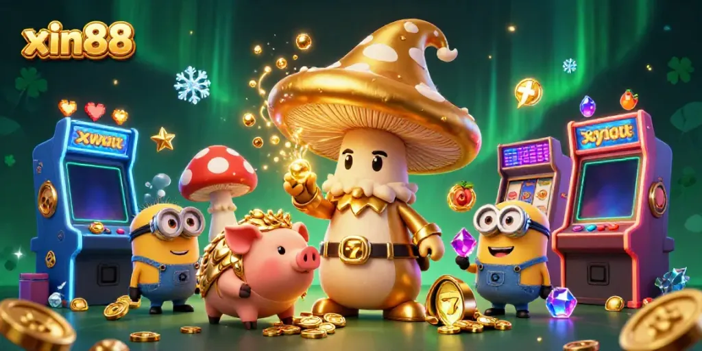 Experience the magic of xin88 with a golden mushroom wizard, treasure, and slot reels in a vibrant casino scene.