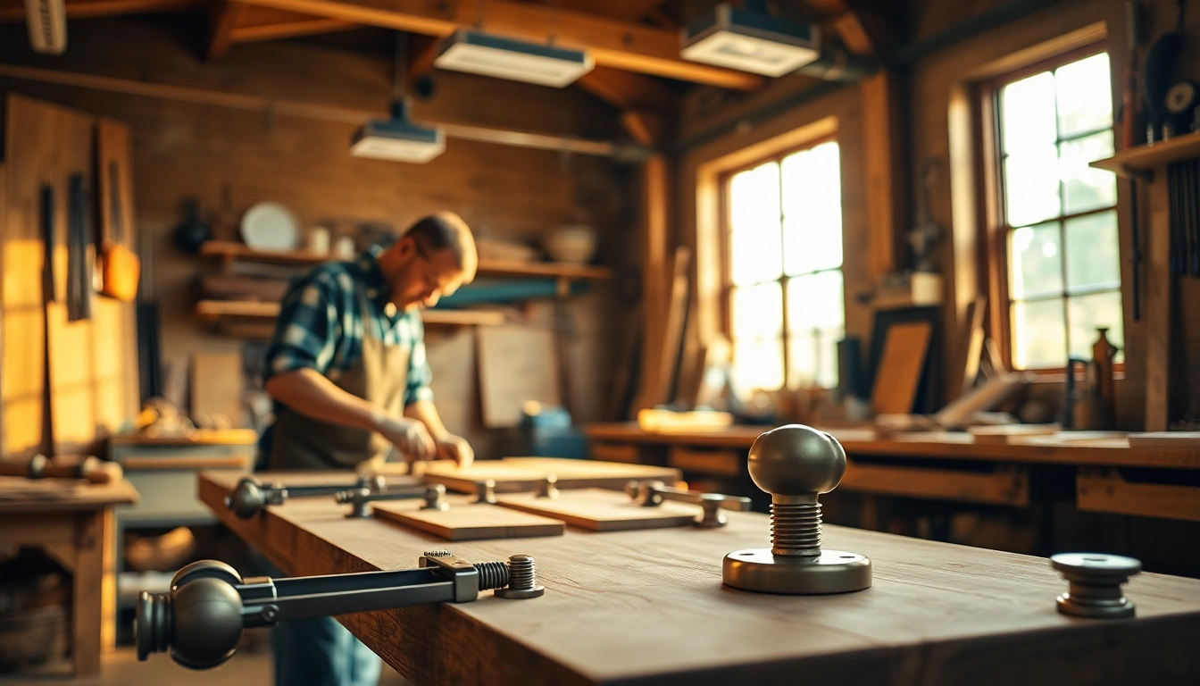 Showcasing furniture hardware manufacturers working with various components in a bright workshop.
