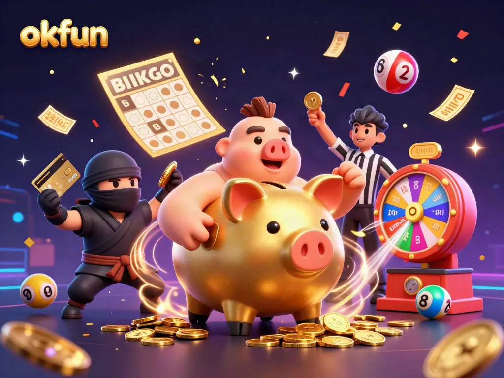 Engage with exciting games at okfun, featuring a golden piggy bank sumo wrestler and vibrant lottery elements.