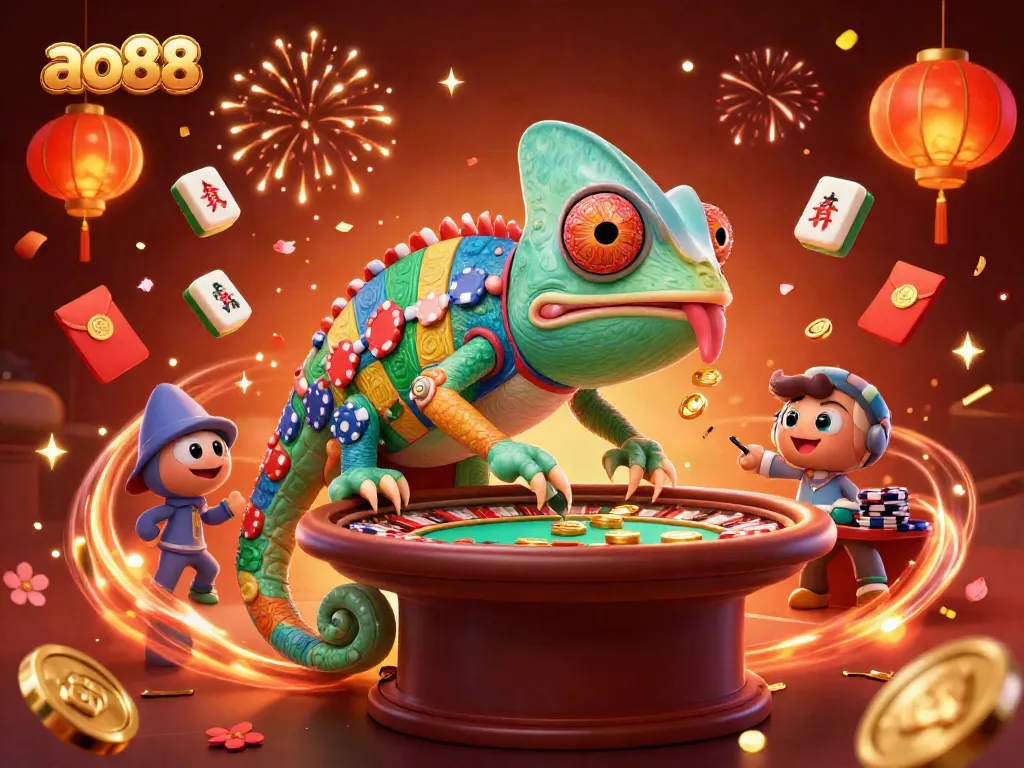 Experience ao88's vibrant casino scene with a colorful chameleon owner and exciting game elements.