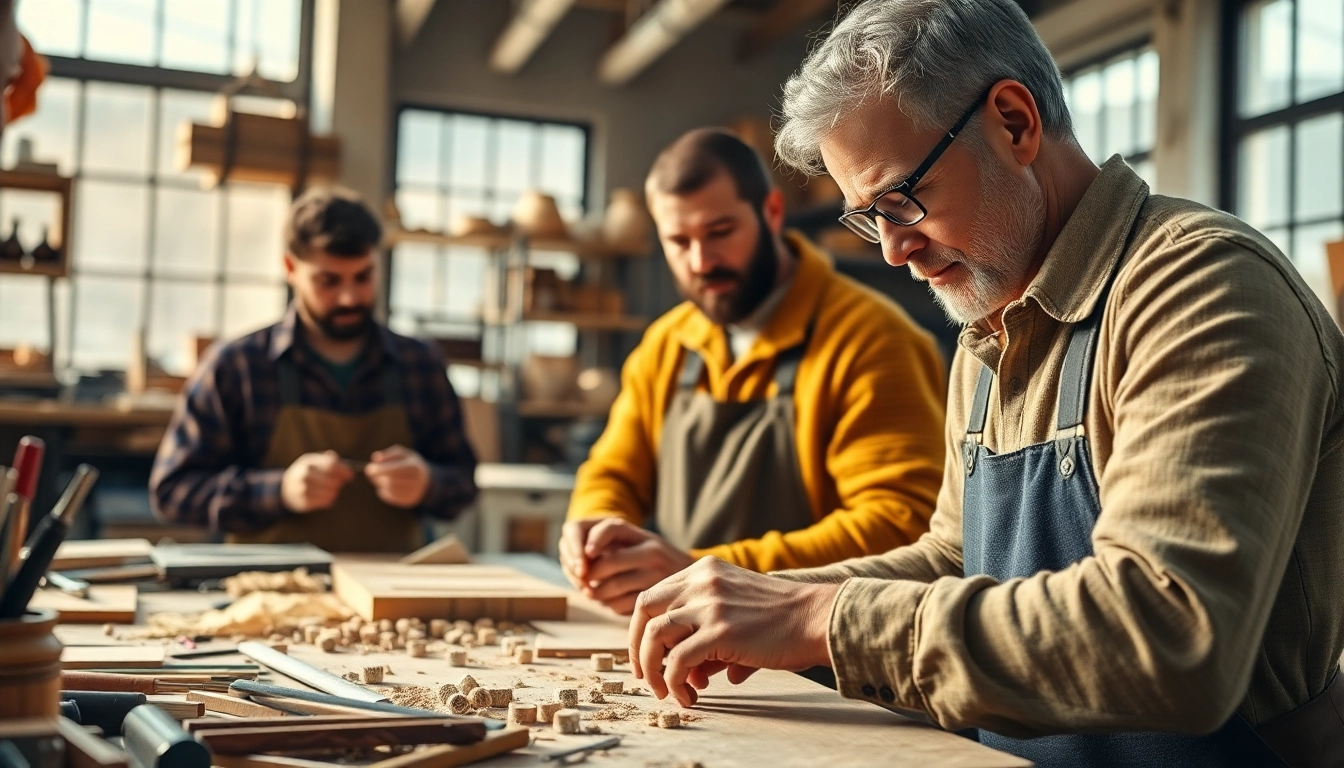 Engaged participants in craft training programs learning woodworking techniques in a well-lit workshop.