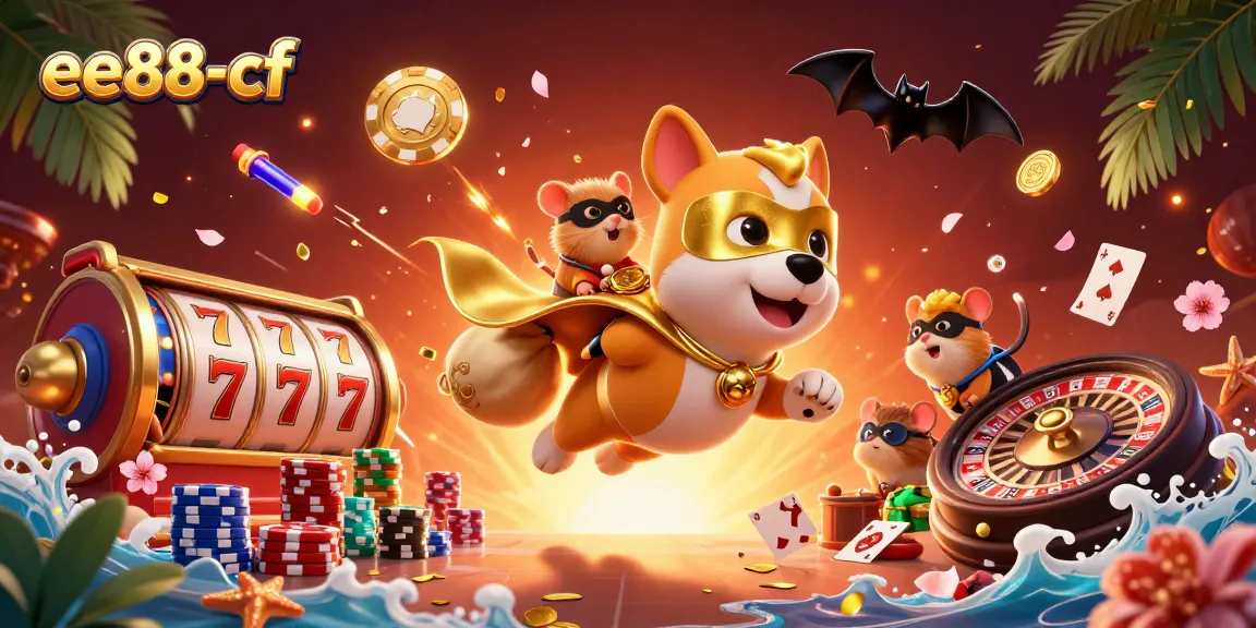 Experience the excitement with ee88-cf in a vibrant casino scene featuring a superhero dog and vivid gambling elements.
