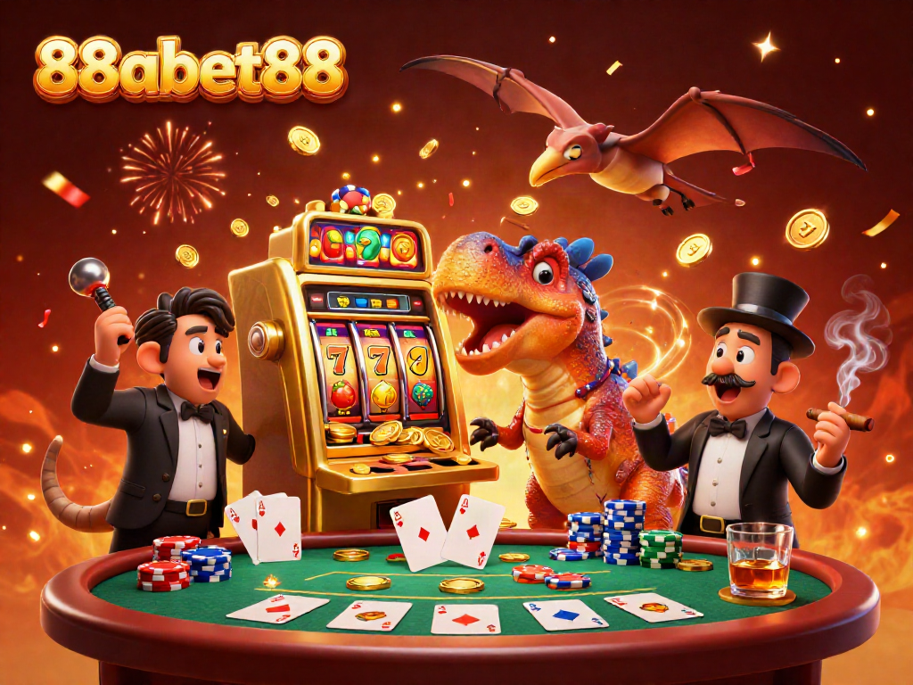 88abet88 casino illustration of a pachycephalosaurus with a slot machine, vibrant gaming atmosphere.