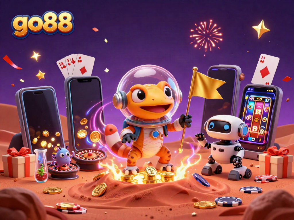 Join the alien gecko and robot in a dazzling casino adventure at go88, filled with gold coins and vibrant games.