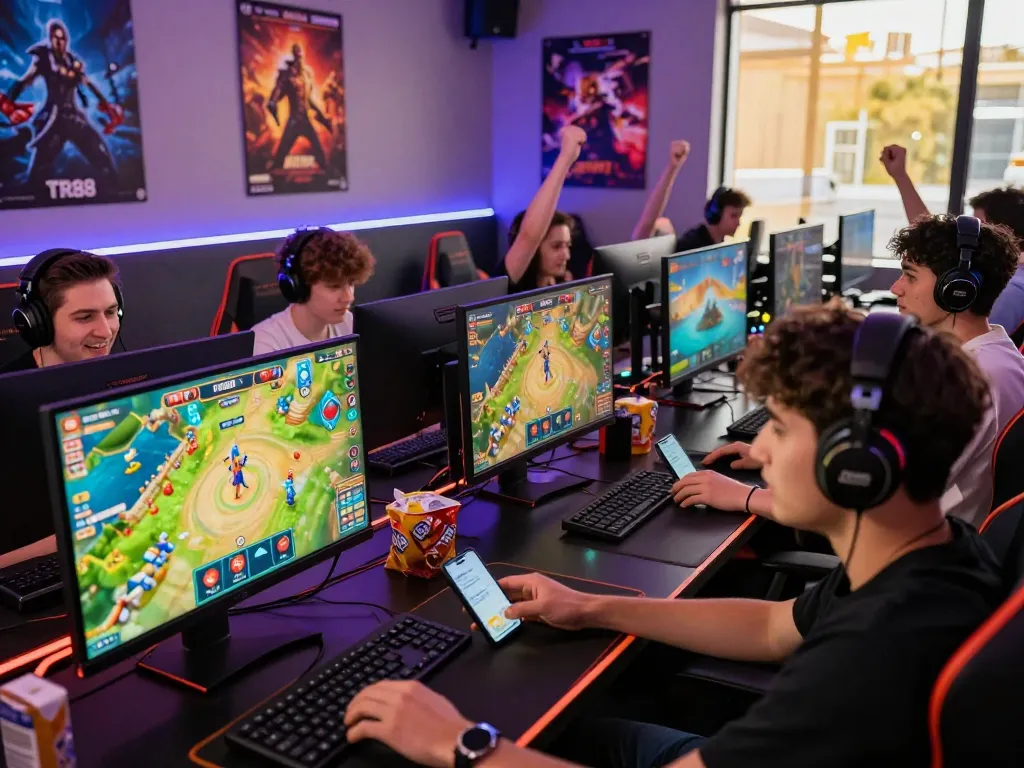 Dynamic gaming community enjoying TR88 online games in a modern lounge