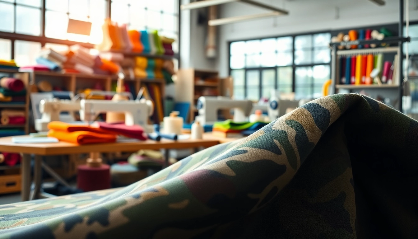 Bekijk legerprint stof met unieke patronen en texturen in een naaiwerkplaats.