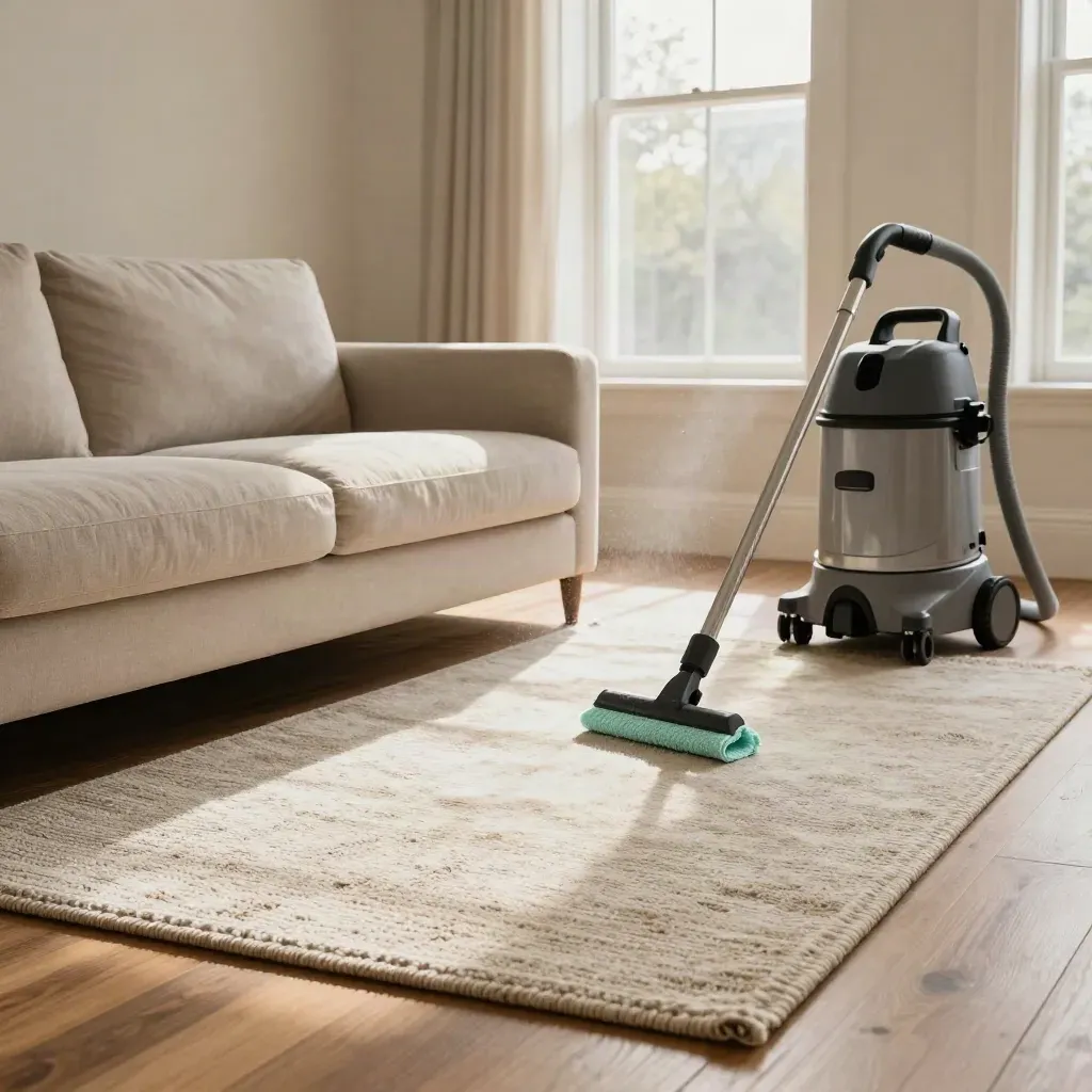 Bright living room with cleaned sofa, revived rug, and carpet extractor in warm daylight.