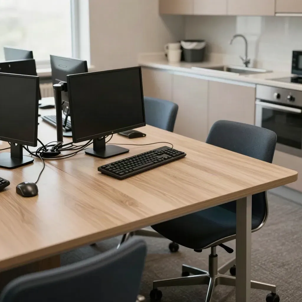 Clean office desks and kitchenette with switched-off screens, replaced bins, and polished surfaces.