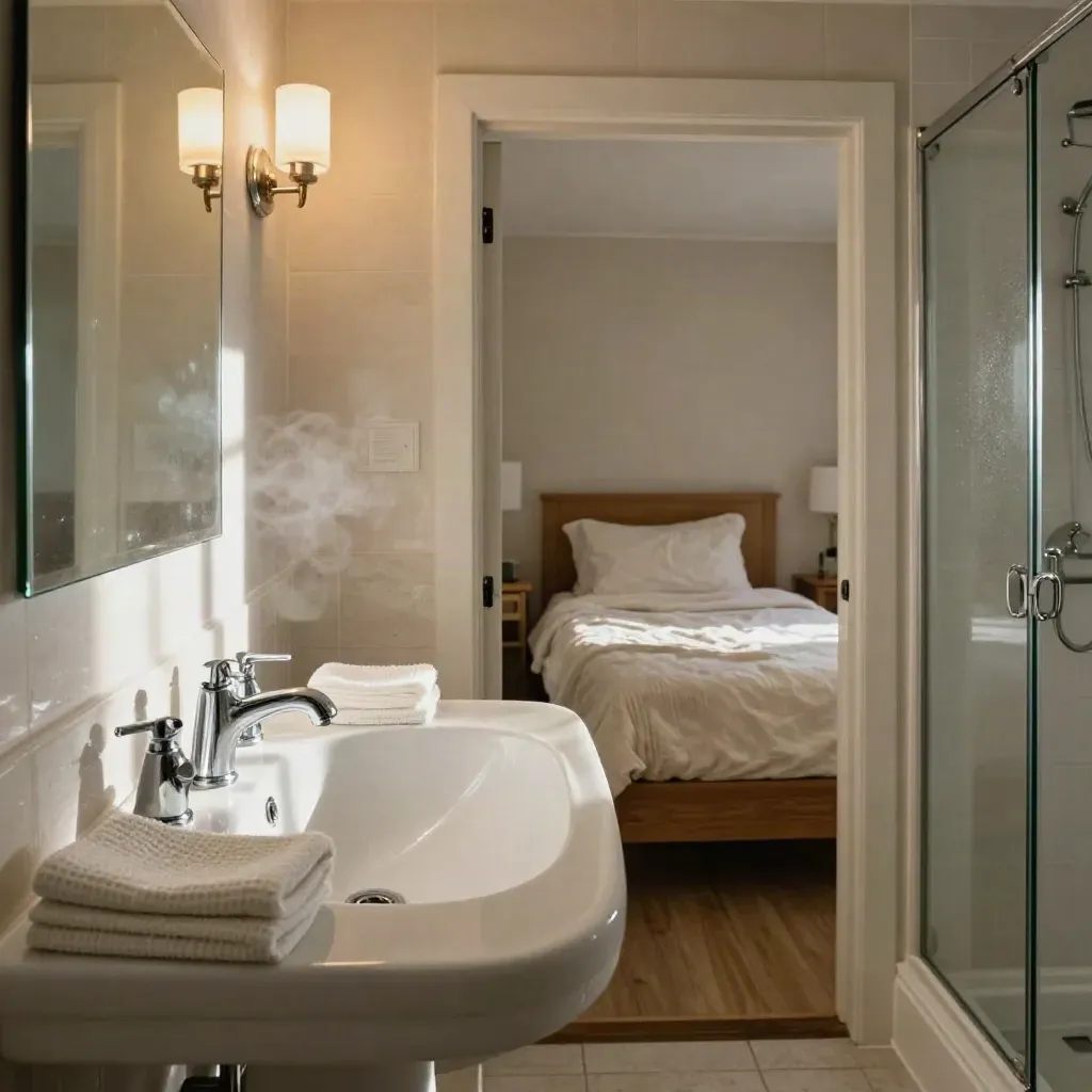 Gleaming bathroom doorway with folded towels, polished taps, and a freshly made bedroom beyond.
