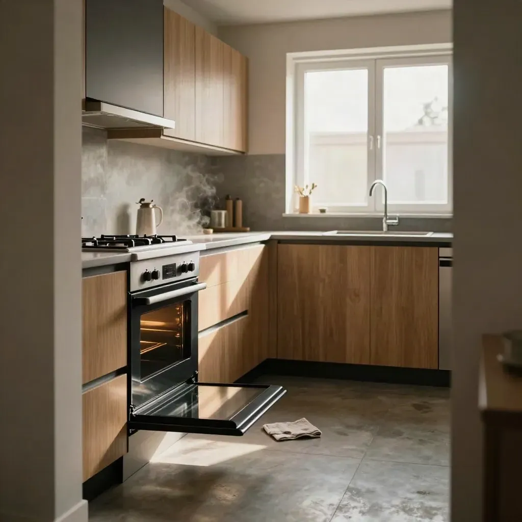 Clean end-of-tenancy kitchen with open oven, spotless hob, sink, and aligned cupboards