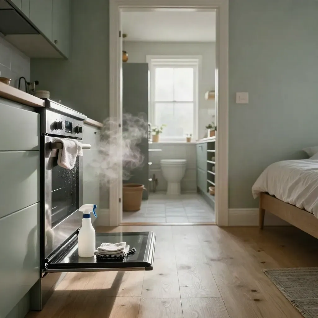Cleaned rental flat kitchen with gleaming oven, caddy, hallway glow and steam.