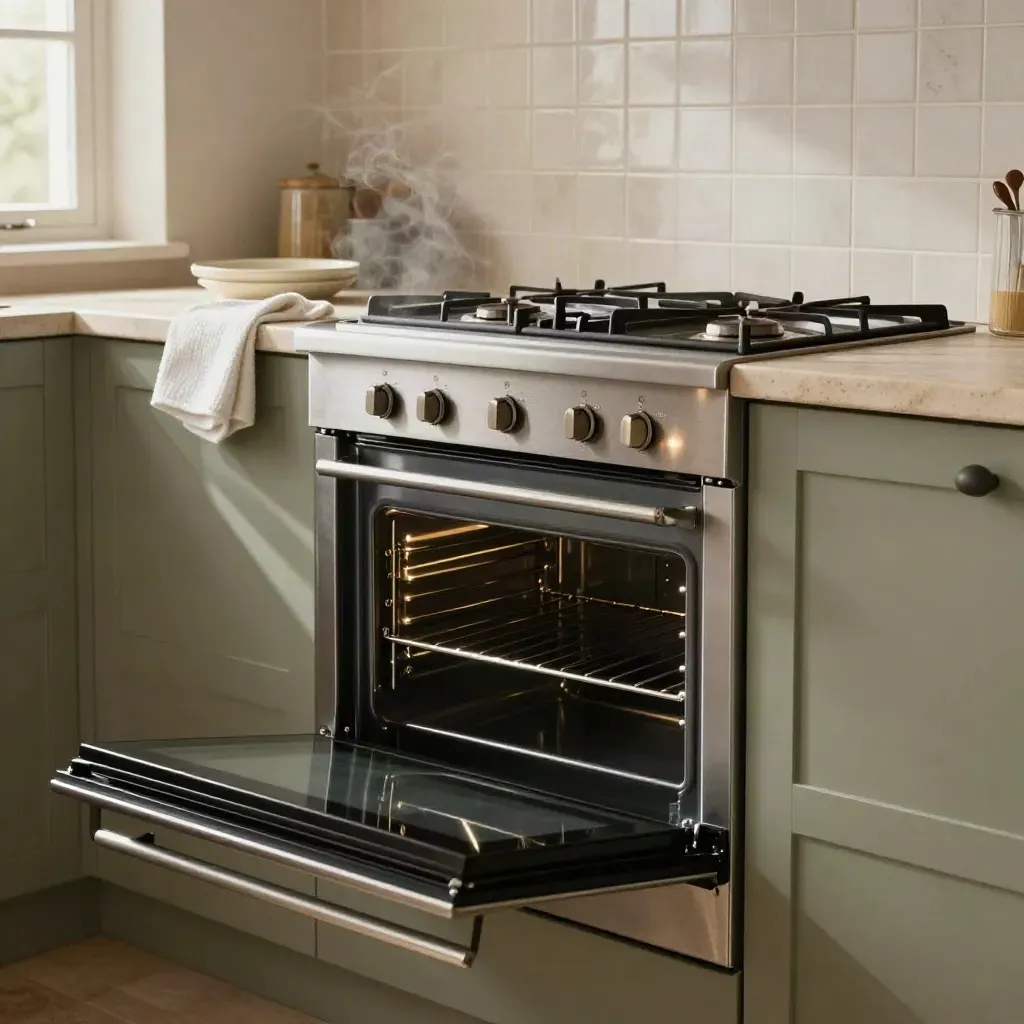 Open oven and spotless hob with freshly degreased backsplash in a compact kitchen.