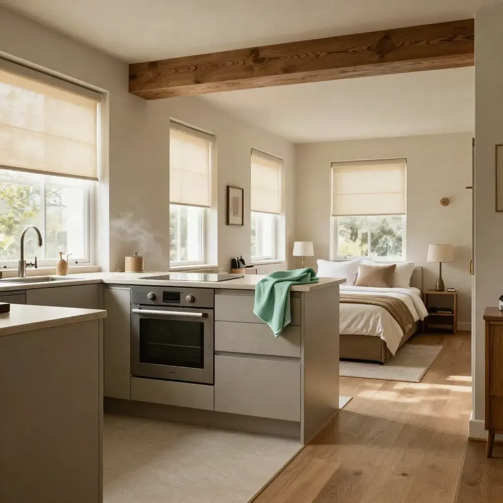 Empty two-bed flat handover scene with gleaming kitchen, aligned blinds and fresh carpet edges.