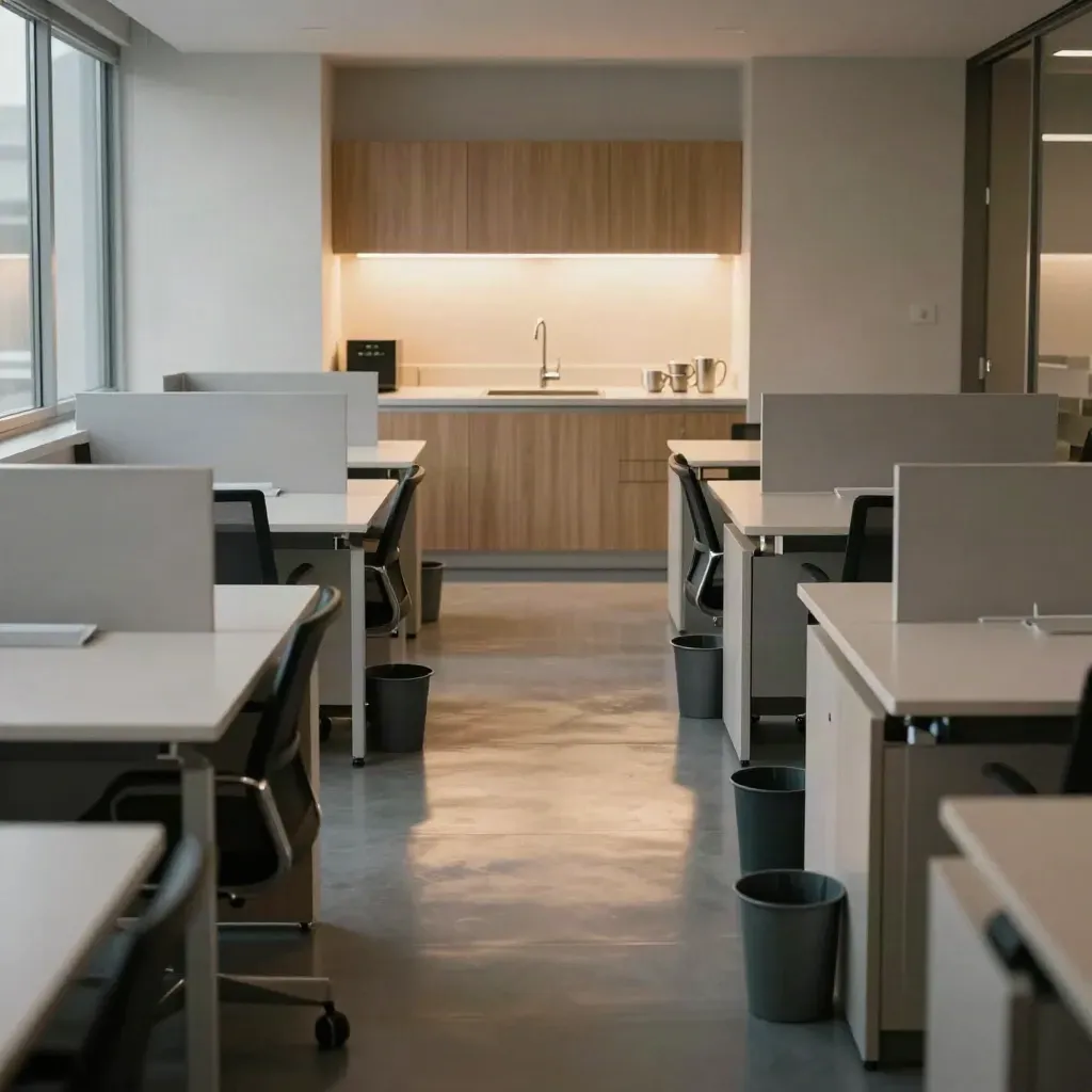 Empty office corridor with aligned desks, clean bins, and a glowing kitchenette after hours.