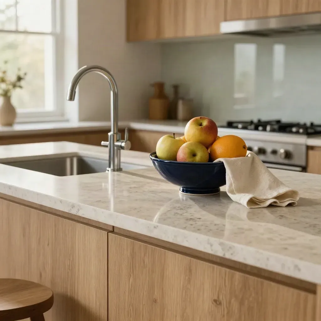 Close-up of a polished family kitchen island, streak-free splashback and fruit bowl in warm afternoon light.