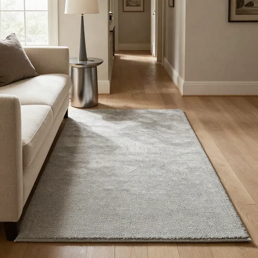 Freshly cleaned hall runner beside a pale sofa and floor lamp, with dried texture and soft daylight.