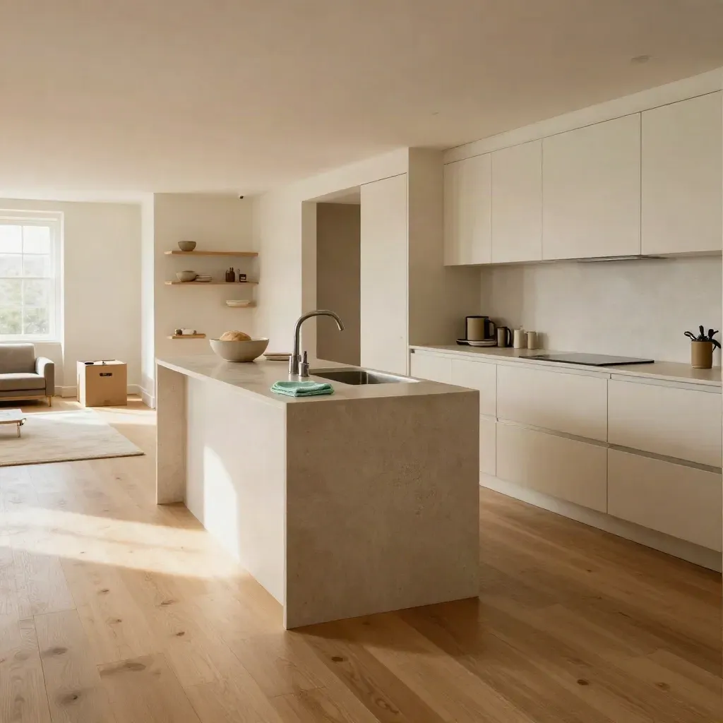 Cleaned open-plan kitchen and living room with gleaming floors, boxes, and a first-meal setting