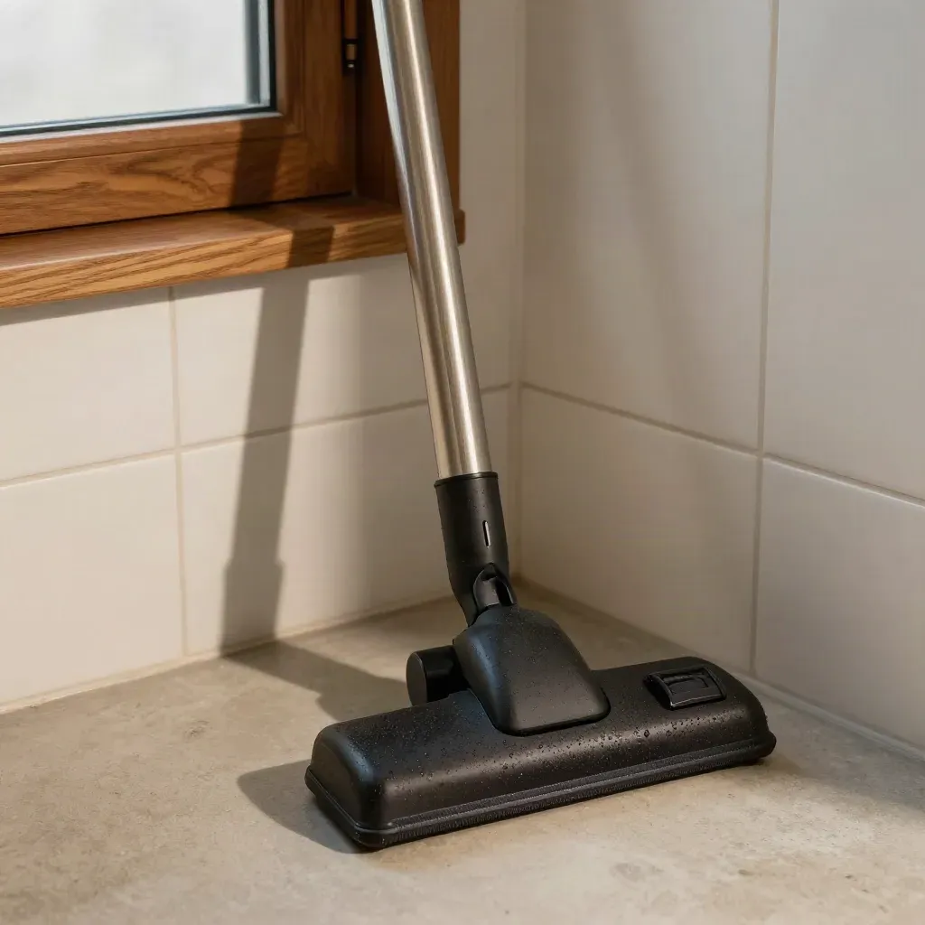 Vacuum head, extension tube and squeegee in a wet utility corner, lit dramatically from above.