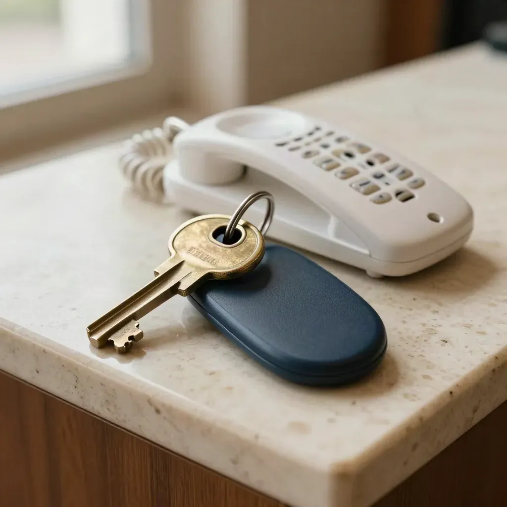 Macro of brass keys, navy access fob, and phone cradle on a travertine console.