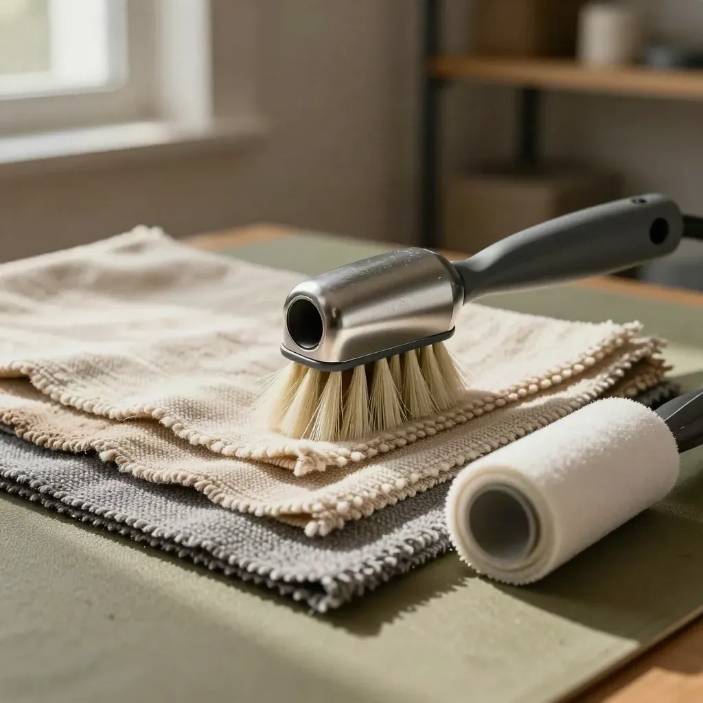 Upholstery brush, nozzle, textile swatches and lint roller on a dusty olive work mat.