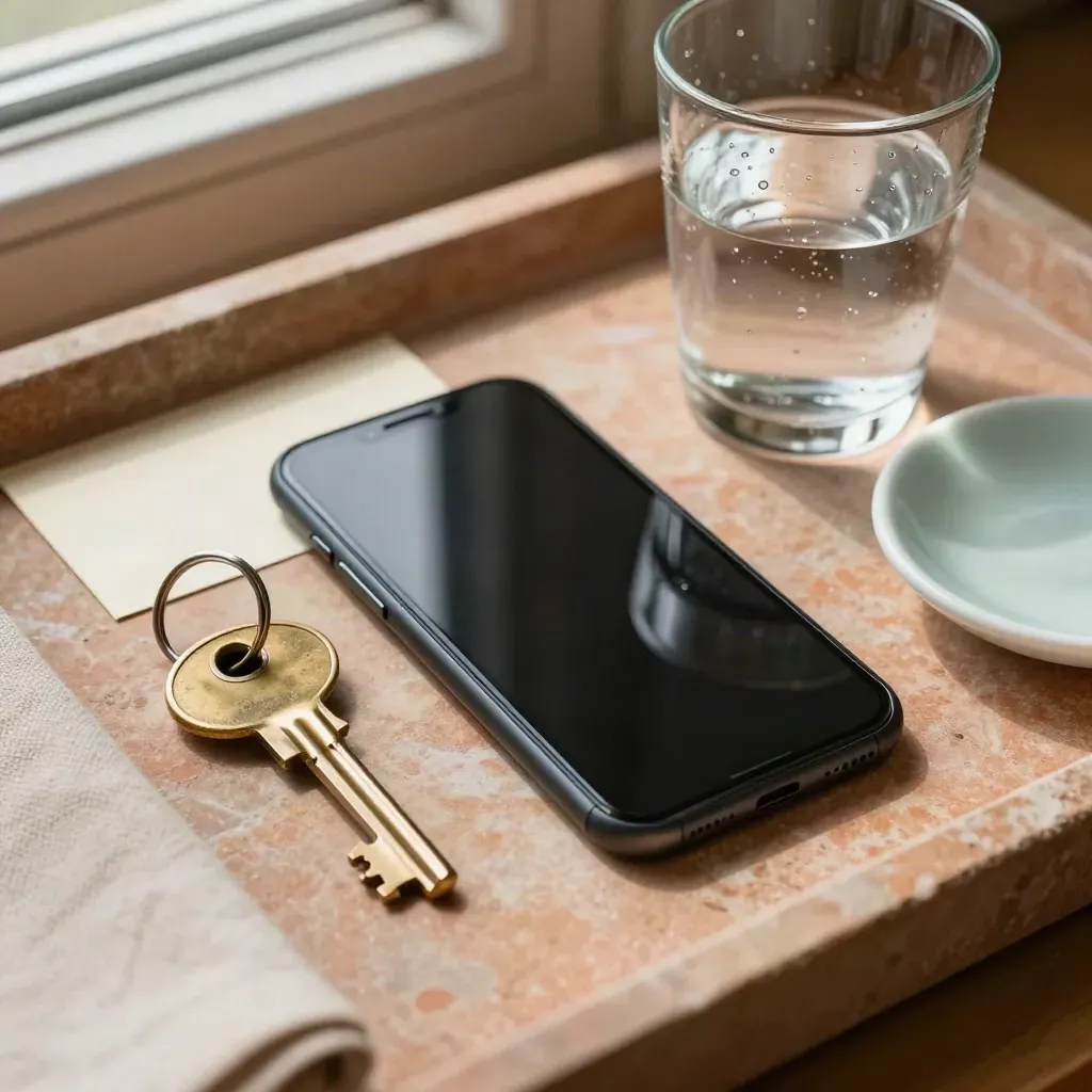 Client welcome tray with keys, smartphone, mint dish and water glass on terracotta stone.