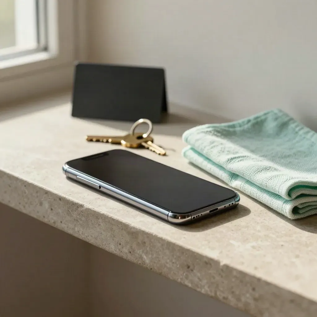Dark-screen phone, brass key ring and microfiber cloth on a stone shelf, softly lit.
