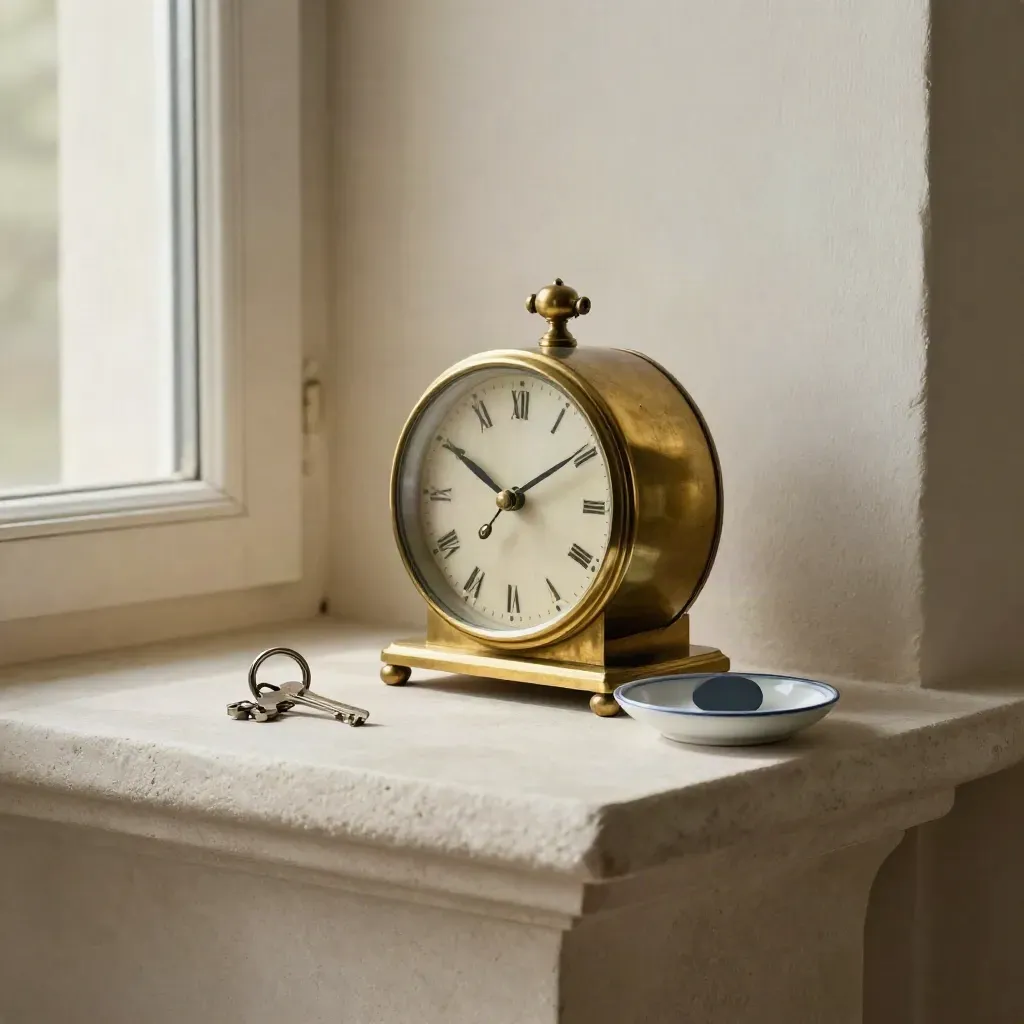 Brass clock, spare key and white dish on a pale stone ledge in soft daylight.