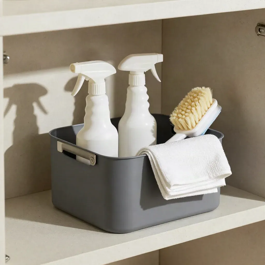 Cleaning caddy with spray bottles, brush and folded microfiber cloths on a pale utility shelf.