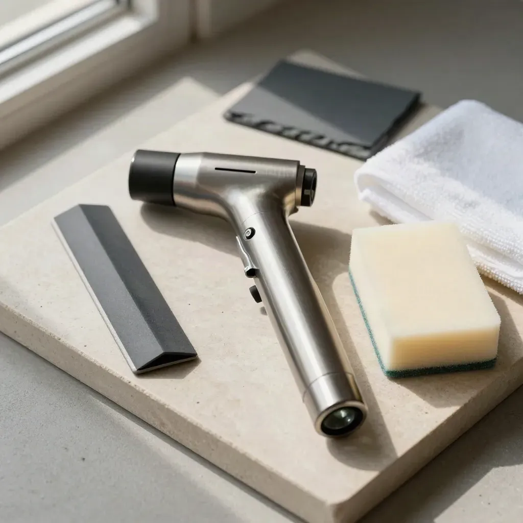 Overhead tray still life of cleaning torch, towel, squeegee and sponge on stone.