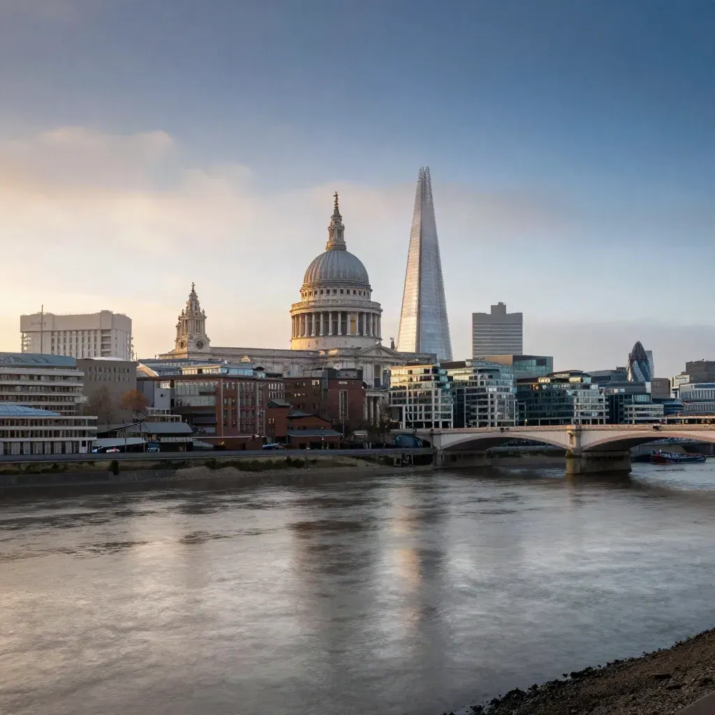 St Paul’s and the Shard above the Thames at blue hour, mist and sunrise glow over calm water.