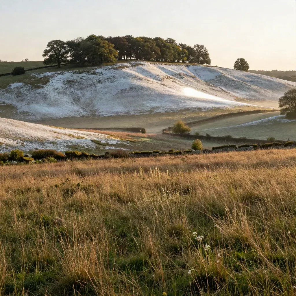 Surrey chalk downs with a wooded ridge over a quiet meadow in warm golden haze.