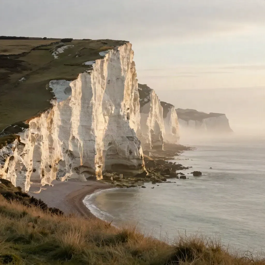 Golden light on Kent’s White Cliffs above a calm misty sea