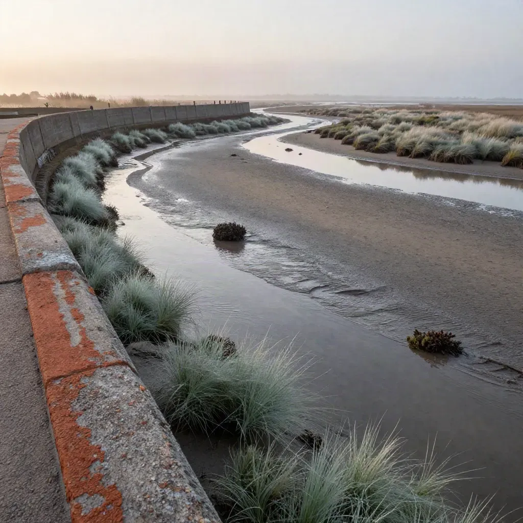 Foggy Essex salt marsh with sea wall, tidal creek and calm estuary textures at dawn.