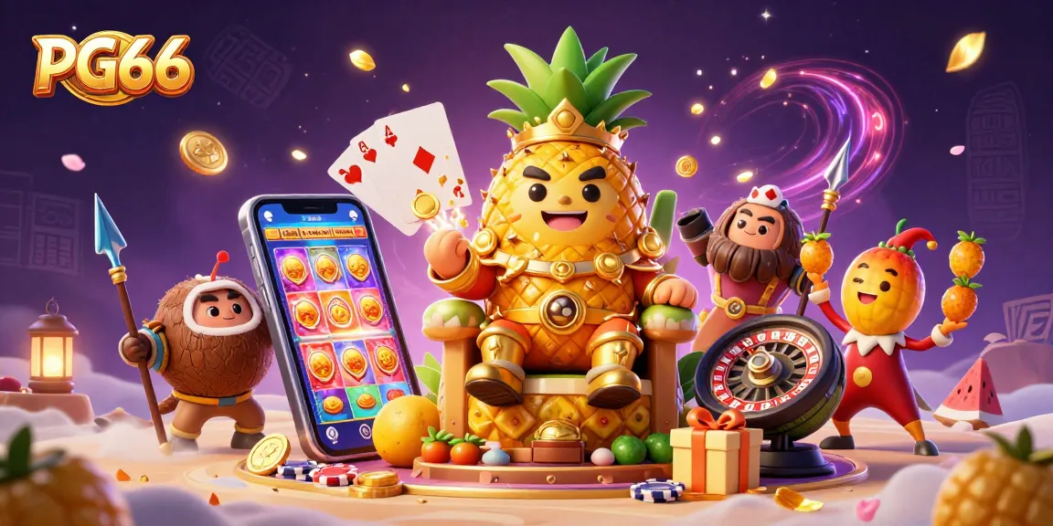 Experience the vibrant gameplay at PG66 with a golden pineapple king ruling over a beach casino and festive gaming elements.