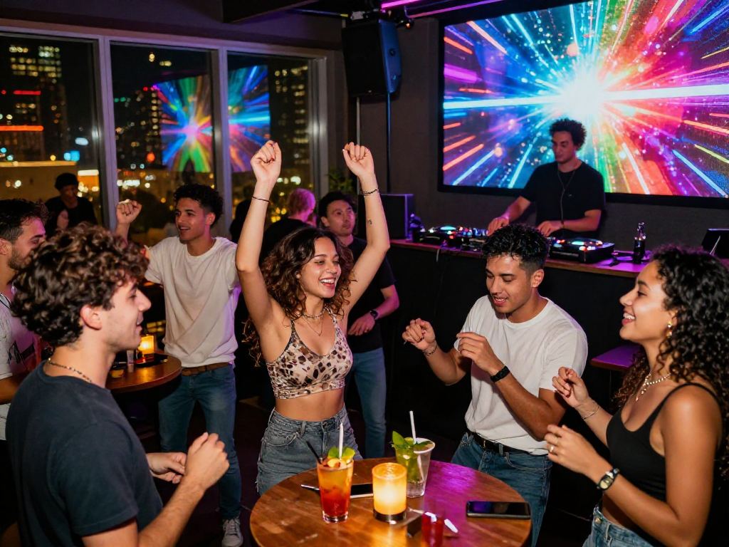 NSFW urban nightlife scene with friends dancing under neon lights.