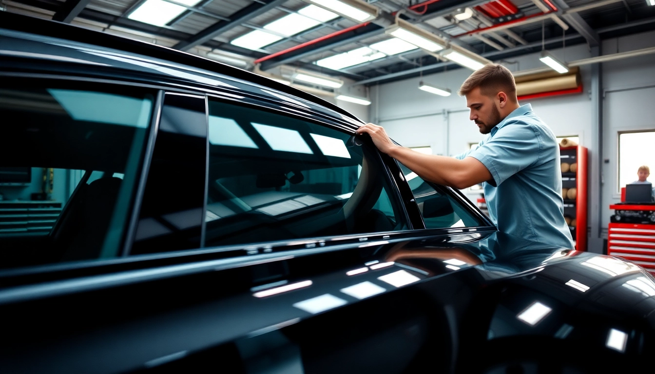 Enhance your ride with expert window tint near me services, showcasing a technician tinting a luxury car's windows.