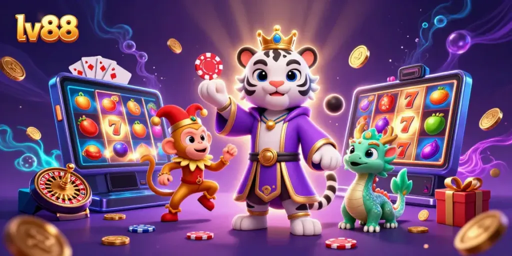 Experience thrilling gaming with lv88 in a dazzling 3D cartoon casino scene featuring vibrant slot reels and playful characters.