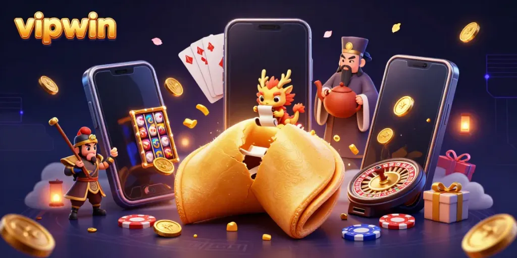 Experience VIPWIN's vibrant slots with a golden fortune cookie adventure featuring dynamic gaming elements.