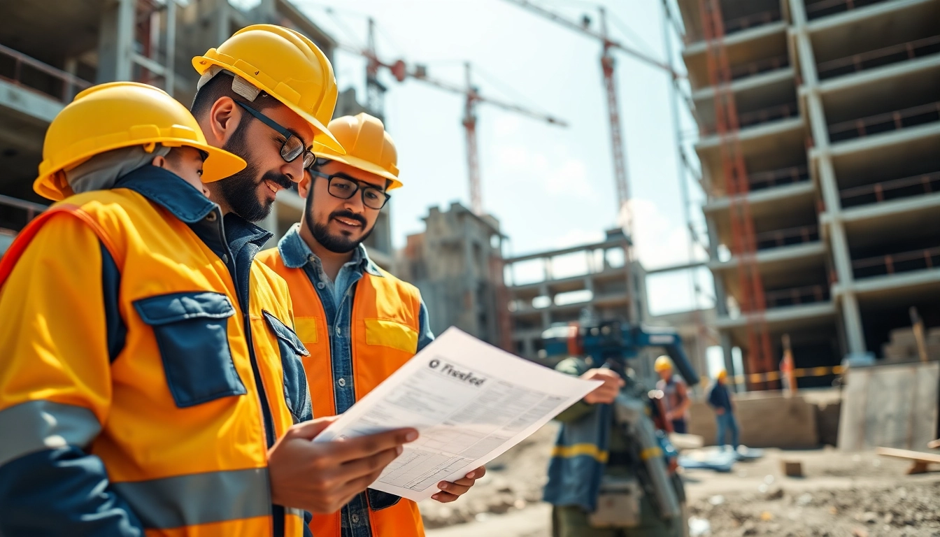Construction career workers collaborating on-site with blueprints and materials.