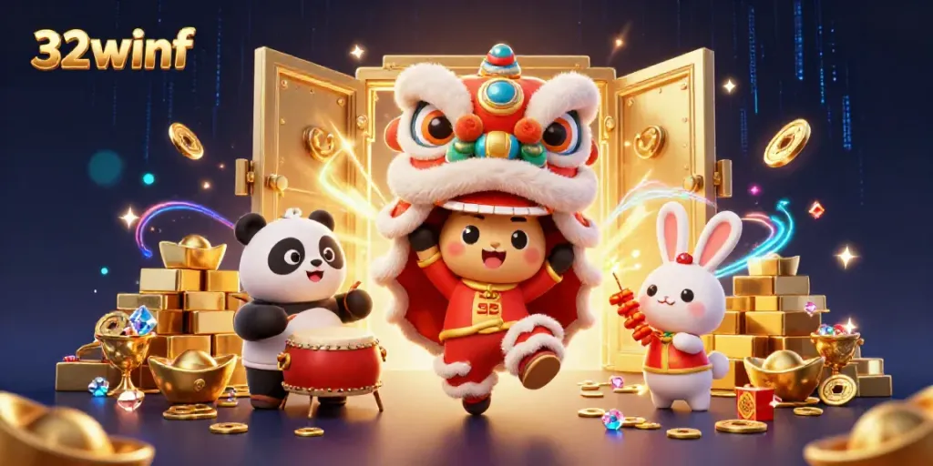 Experience the vibrant energy of 32winf showcasing a dynamic lion dance amidst golden treasures and casino elements.