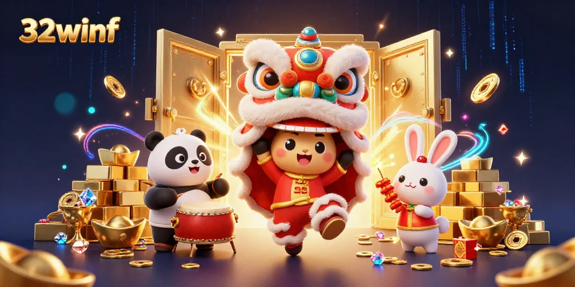 Experience the vibrant energy of 32winf showcasing a dynamic lion dance amidst golden treasures and casino elements.