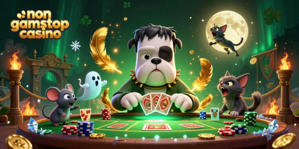 Engage with a non gamstop casino scene featuring a whimsical Frankenstein bulldog character dealing cards with ghostly elements.