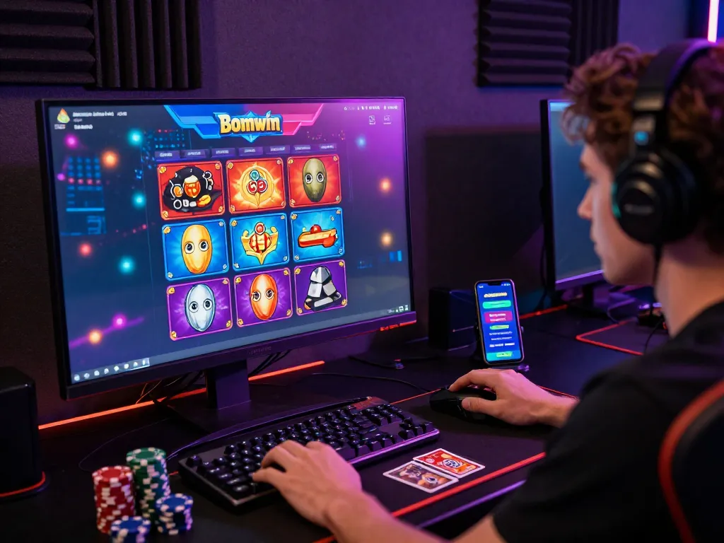 Bomwin online gaming setup with vibrant graphics, chips, and engaging atmosphere.