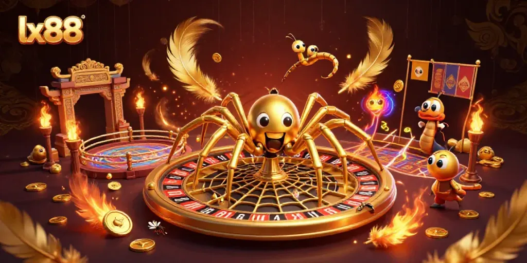 Experience lx88 as a golden spider spins a roulette wheel of bets in a vibrant casino scene