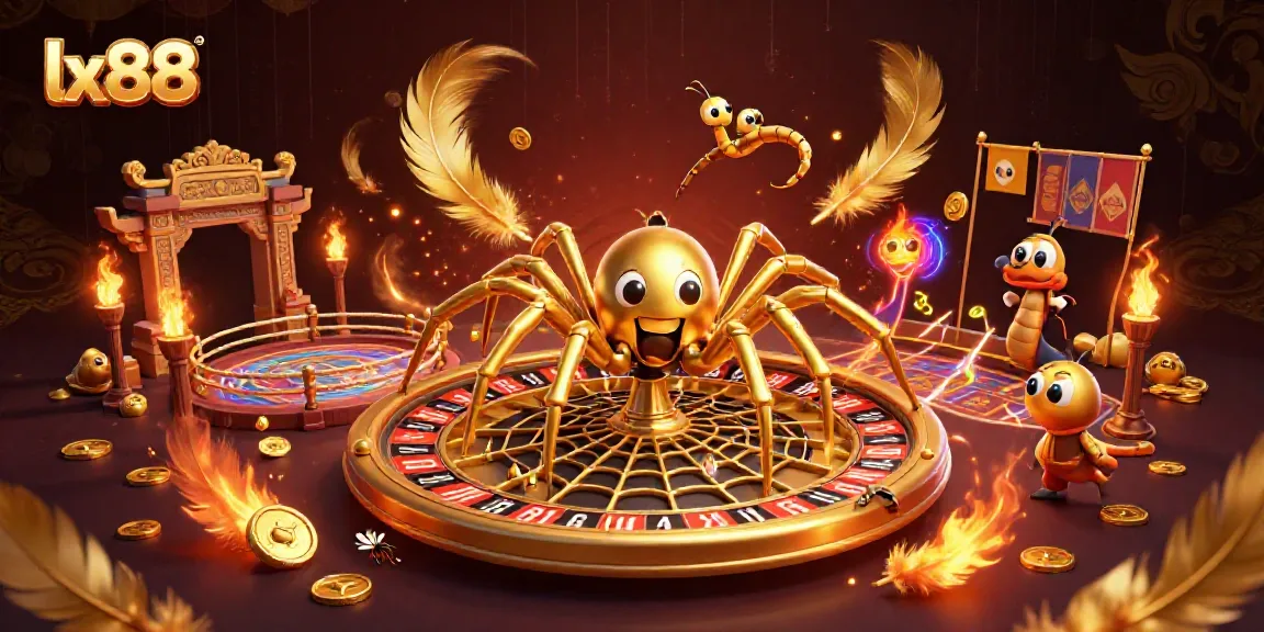 Experience lx88 as a golden spider spins a roulette wheel of bets in a vibrant casino scene