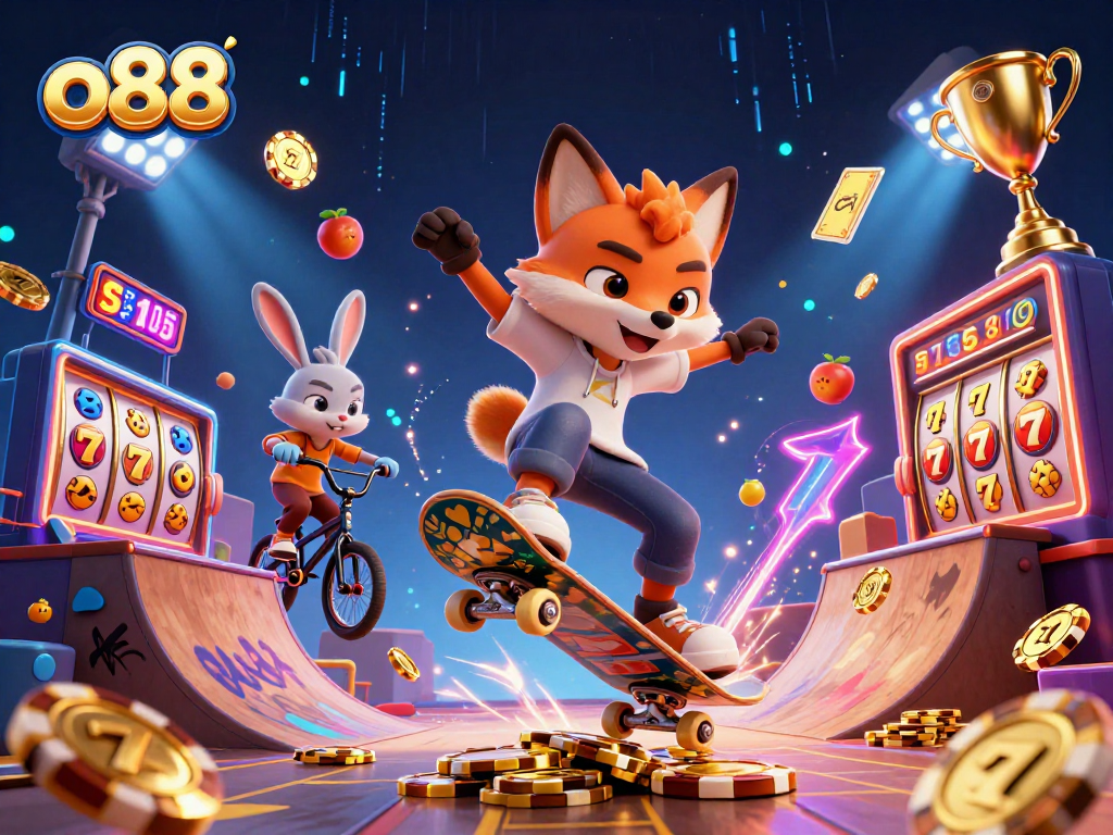 Experience thrilling wins at o88 with vibrant slot symbols and animated characters in an engaging casino scene.