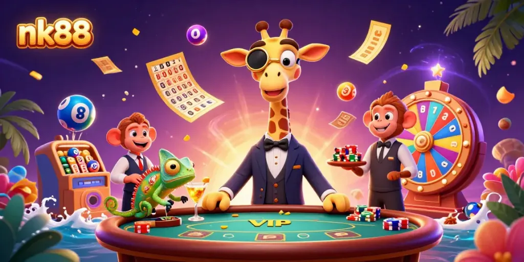 Experience the thrilling games at nk88 with a vibrant casino scene featuring a high-roller giraffe and lively characters.