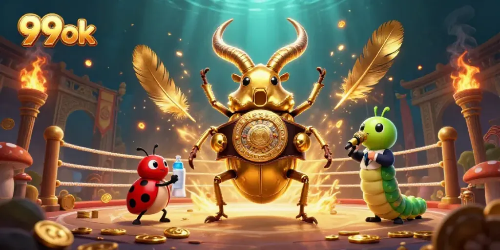 Engage in the thrilling world of 99ok with a vibrant golden stag beetle showdown in a dynamic casino atmosphere.